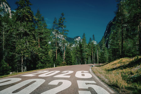 Serene forest road with 2025 and 2026 painted on it leads towards a stunning mountainous landscape.