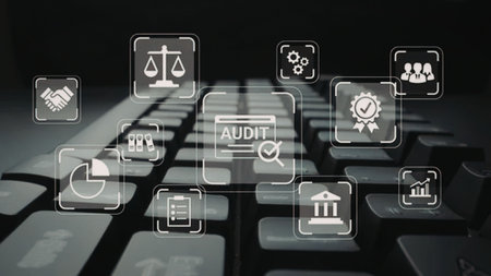 Business audit concept with digital icons and keyboard illustrating financial review and accounting...
