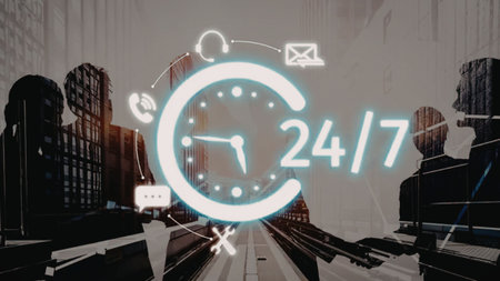 Modern city street with people and digital clock symbolizing 24/7 business operation and customer...