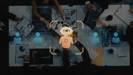 Business professionals gather around a table with a cartoon robot illustration symbolizing...