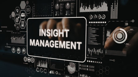 Person interacts with virtual interface displaying insight management with various charts and graphs...