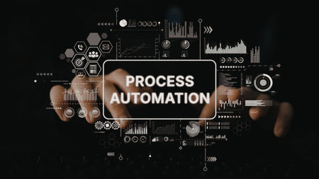 Business professional interacts with virtual interface displaying process automation to improve...
