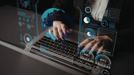 Businessperson interacts with futuristic laptop interface displaying global data analytics and...