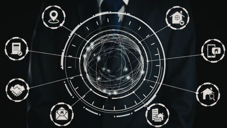 Business professional interacts with futuristic digital interface displaying real estate and...