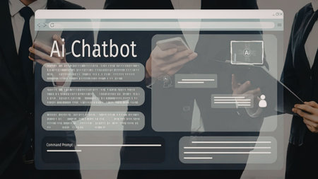 Business professionals engaging with AI chatbot on a digital interface, symbolizing modern...