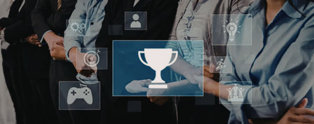 Business professionals gathered together celebrating success and achievement with a virtual trophy...