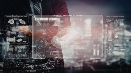Businessman interacts with holographic electric vehicle technology interface, highlighting advanced...