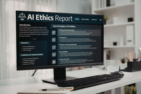 Computer monitor displays AI ethics report on a clean white office desk accompanied by a keyboard...
