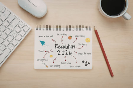 Notebook with new year resolution 2026 goals and a red pencil on a desk with a keyboard and coffee...