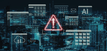 Cyber security threat alert system monitoring a futuristic cityscape at night with a prominent warning sign indicating potential danger.の写真素材