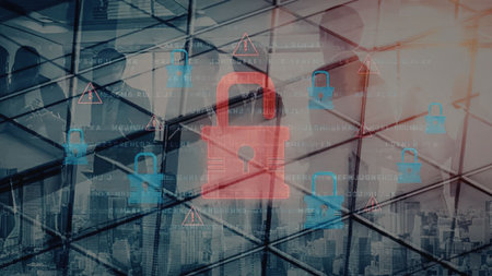 Red unlocked padlock is highlighted among blue locked padlocks on a futuristic digital grid...
