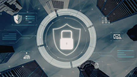 Cybersecurity concept featuring a shield with a padlock symbolizing digital safety and secure data...