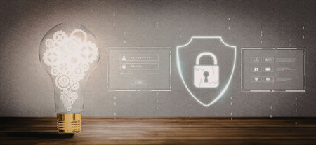 Cybersecurity concept with glowing lightbulb and digital shield displaying login interfaces on a wooden table against a grey background symbolizing data protection and online safety measures.の写真素材