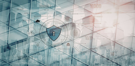 Cybersecurity protection concept featuring a shield icon with a keyhole, safeguarding digital data...