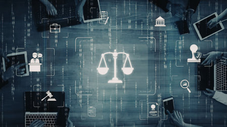 People work together on various digital devices surrounding a prominent scales of justice icon...