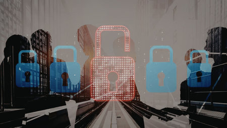Multiple padlocks in red and blue colors are centered on a city road scene.