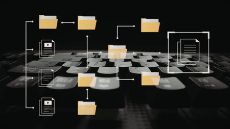 Digital data organization is visually represented with yellow folders and documents on a stylized...