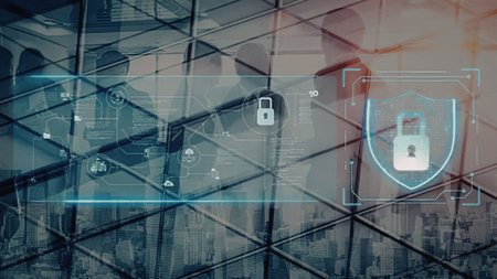 Cybersecurity protection system with shield and lock icons overlaying a modern office building where...