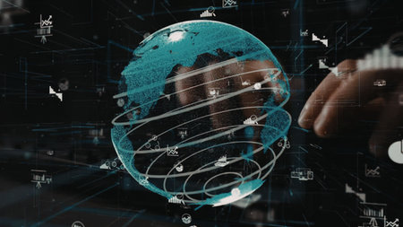 Person touches a glowing blue digital globe surrounded by data charts and graphs symbolizing global...