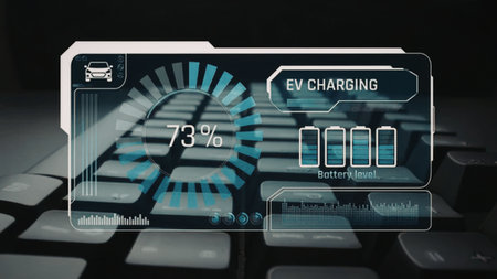 Electric vehicle charging status displayed on a futuristic digital interface on a blurred keyboard...