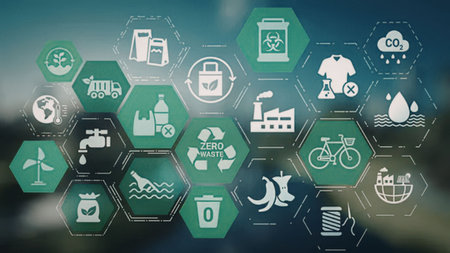 Collection of green and white icons representing various aspects of environmental sustainability and...