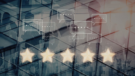 Five glowing golden stars and speech bubbles represent excellent customer review and rating on a...