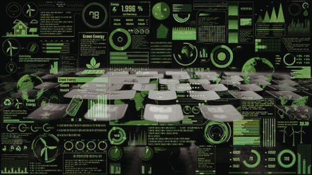 Futuristic green energy dashboard showcasing various charts and graphs illustrating renewable energy...