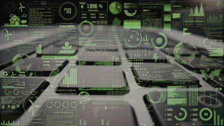 Multiple digital screens display a futuristic green energy dashboard with various statistics,...