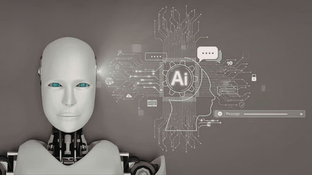 Futuristic humanoid robot with glowing blue eyes represents advanced artificial intelligence...