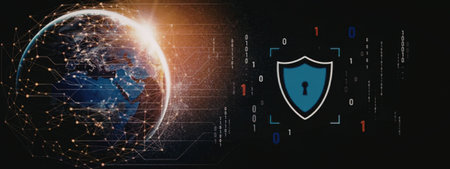 Global network security system with shield and keyhole icon protecting digital data symbolizing...