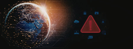 Red warning sign indicates global network security threat with interconnected digital connections...