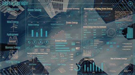 Infographic highlighting green energy sources and benefits, using charts and graphs to visualize...