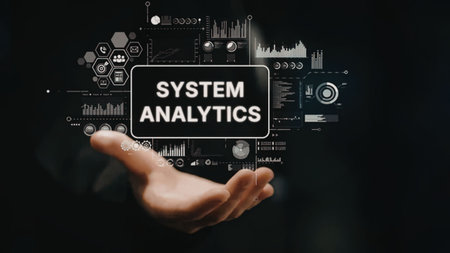 Hand presenting a digital interface with system analytics and various data visualizations...