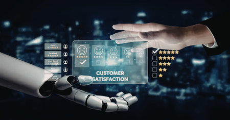 Human hand and robotic hand interact on a transparent screen displaying customer satisfaction...