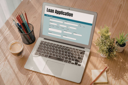 Laptop on a wooden desk displays a loan application form surrounded by office supplies including coffee, pens, pencils, and plants in a well-lit workspace.の写真素材