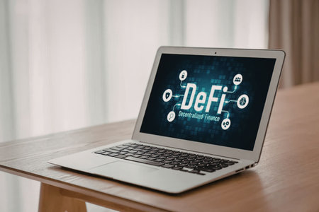 Laptop on a wooden desk displays DeFi decentralized finance on its screen with various icons...