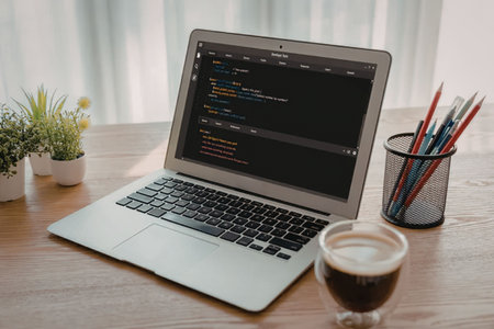 Laptop on a wooden desk displays coding software with a cup of coffee nearby in a peaceful workspace...