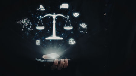 Man holds glowing smartphone with digital scales and various business icons representing justice,...