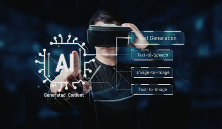 Man wearing virtual reality headset interacting with AI generated content display showcasing text...