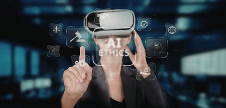 Man wearing virtual reality goggles interacts with digital ai ethics interface in a futuristic...