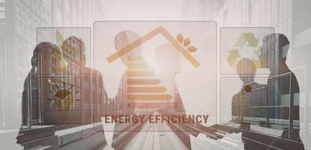 Futuristic building designs and sustainable practices illustrate energy efficiency concept for a...