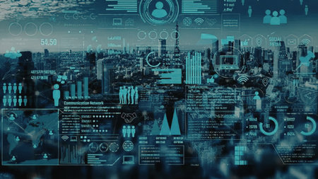 Futuristic cityscape with digital overlay displaying various data analytics and communication...