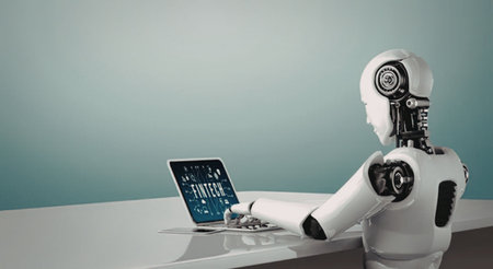 Humanoid robot typing on laptop with futuristic interface on a sleek white table symbolizing...