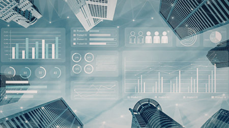 Cityscape with futuristic data visualization overlay showcasing various graphs, charts, and diagrams...