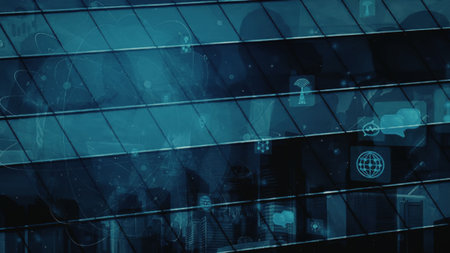 Modern cityscape with a digital overlay symbolizing global connectivity and advanced communication...