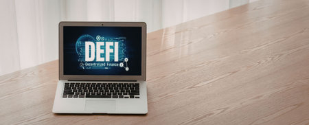 Modern laptop displays defi decentralized finance concept on its screen with bright visuals and...