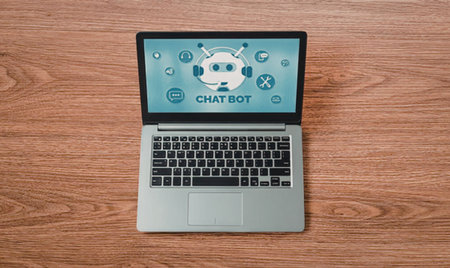 Modern laptop displays chatbot interface on its screen with various customer service icons on a...