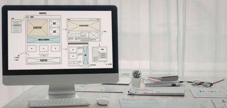 Modern office workspace with a computer displaying website wireframe design surrounded by documents...
