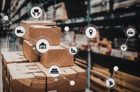 Stacks of brown cardboard boxes in a warehouse symbolize modern ecommerce logistics, connected...