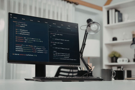 Modern office workspace features a computer monitor displaying coding software on a clean white desk...